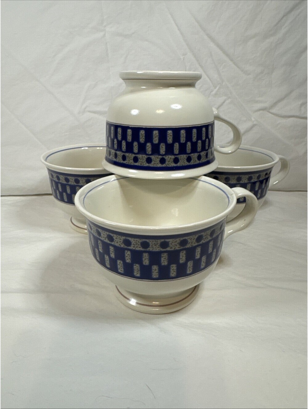 Mikasa Potters Touch Aztec Blue Footed Tea Coffee Cups Set of 4 Geometric CB009